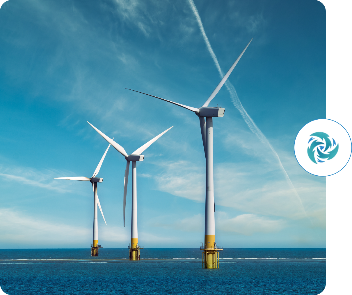 Offshore wind farm under blue sky